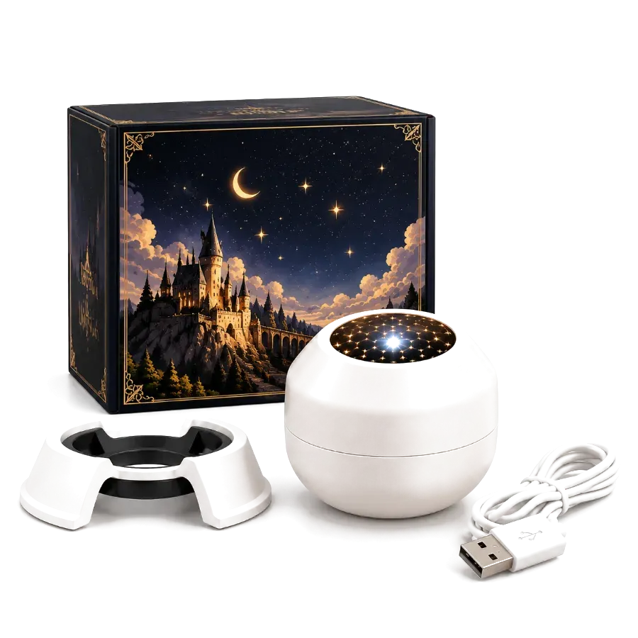 Medieval Glows fantasy projector with castle-themed box, stand and USB cable